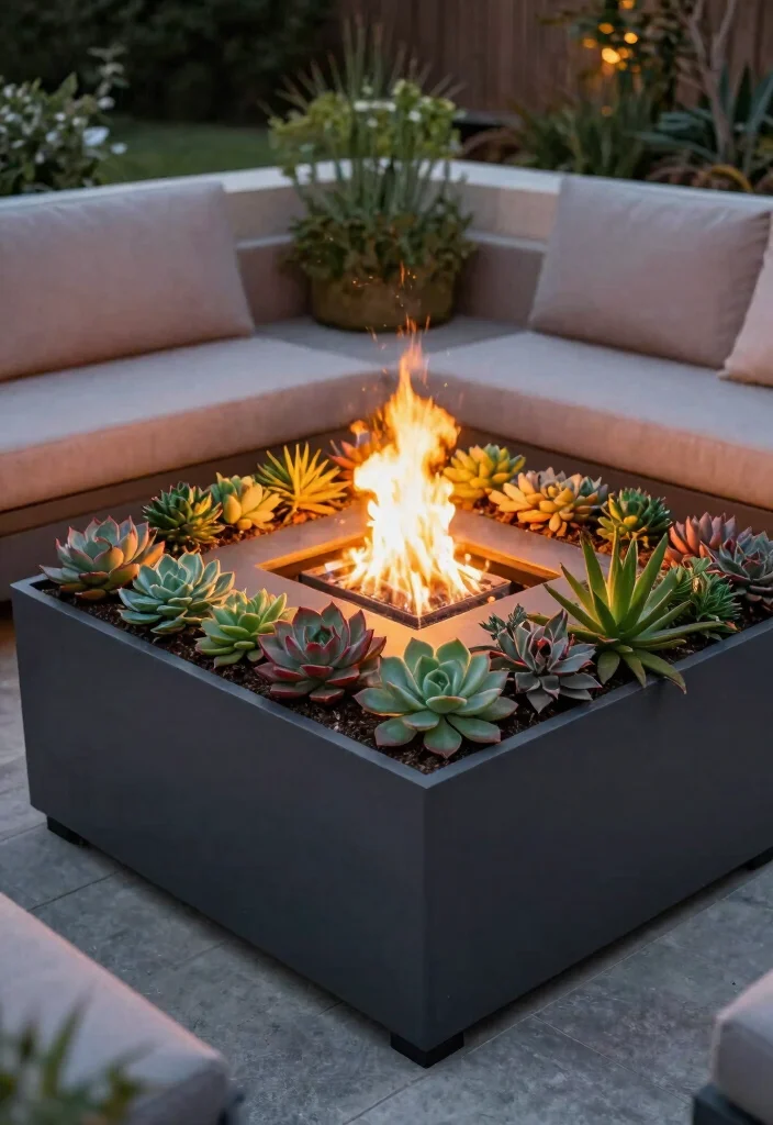 14 Garden with Fire Pit Ideas That Keep Smoke Away from Plants - 12. Fire Pit with Built-in Planters 1
