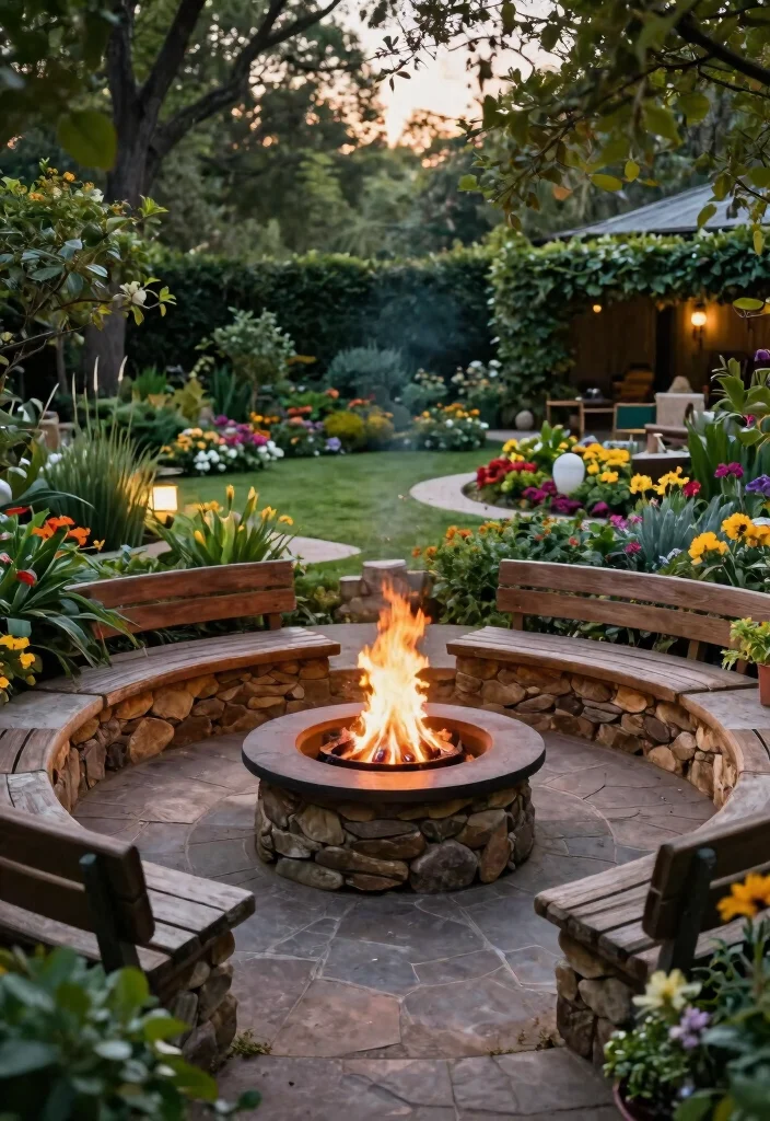 14 Garden with Fire Pit Ideas That Keep Smoke Away from Plants - 13. Circular Fire Pit Patterns 1
