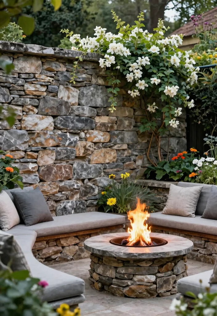 14 Garden with Fire Pit Ideas That Keep Smoke Away from Plants - 8. Stone Walls for Smoke Redirection 1