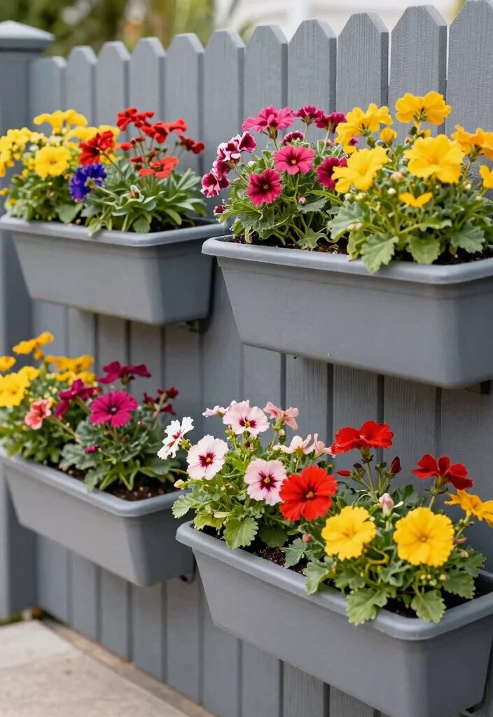 14 Grey Garden Fence Ideas That Hide Stains and Weather Well - 13. Grey Fence with Colorful Planters 1