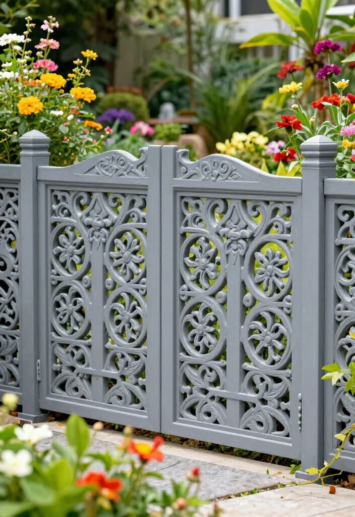 14 Grey Garden Fence Ideas That Hide Stains and Weather Well - 14. Decorative Grey Fencing 1