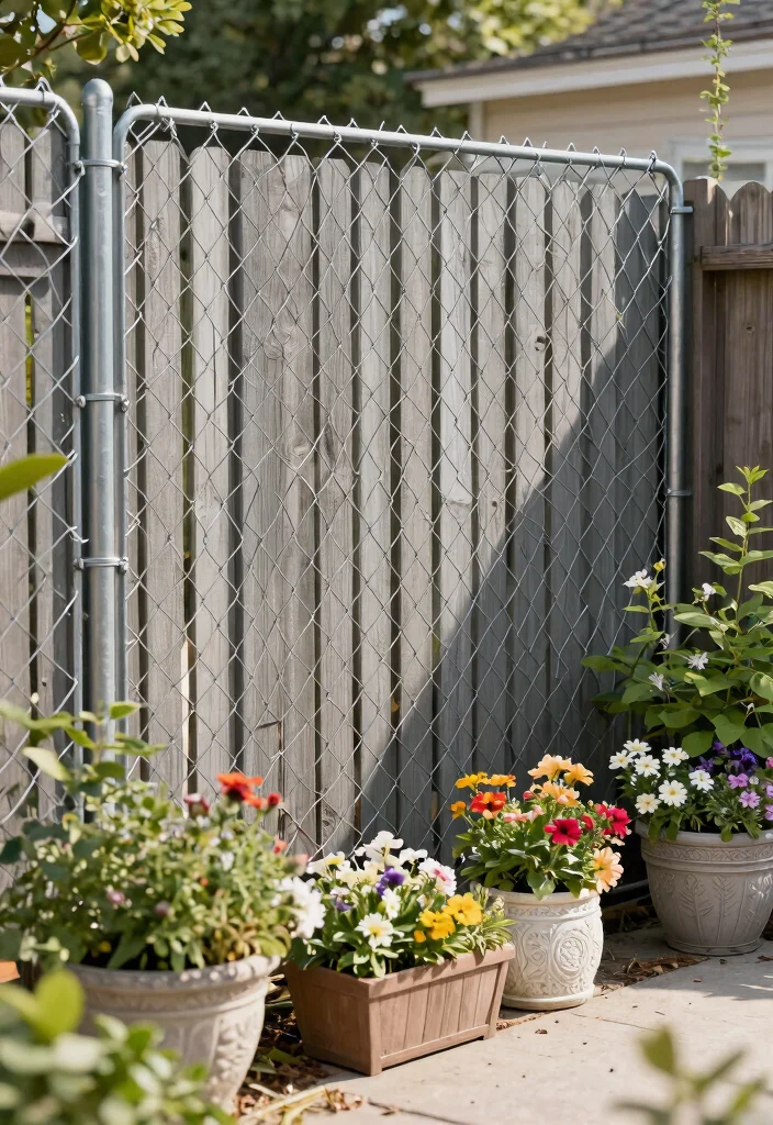 14 Grey Garden Fence Ideas That Hide Stains and Weather Well - 4. Chain Link with Wooden Slats 1