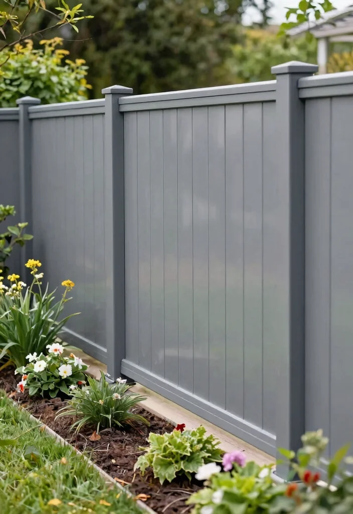 14 Grey Garden Fence Ideas That Hide Stains and Weather Well - 7. Grey Vinyl Fencing 1