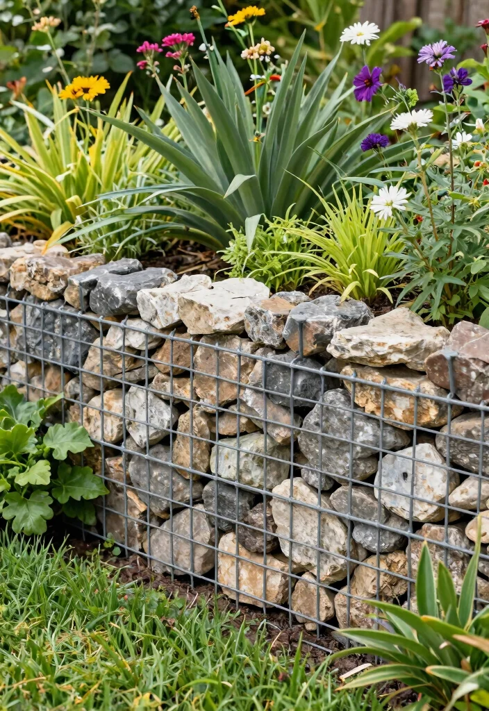 14 Grey Garden Fence Ideas That Hide Stains and Weather Well - 8. Gabion Stone Fencing with Grey Accents 1