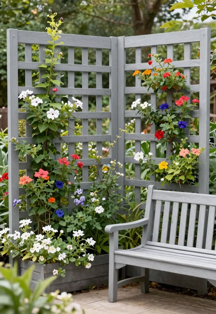 14 Grey Garden Fence Ideas That Hide Stains and Weather Well - 9. Grey Trellis Fencing 1