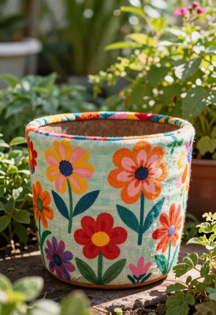 14 Planter Painting Ideas That Cover Up Old Concrete and Terra Cotta - 10. Upcycled Fabric Planters 1