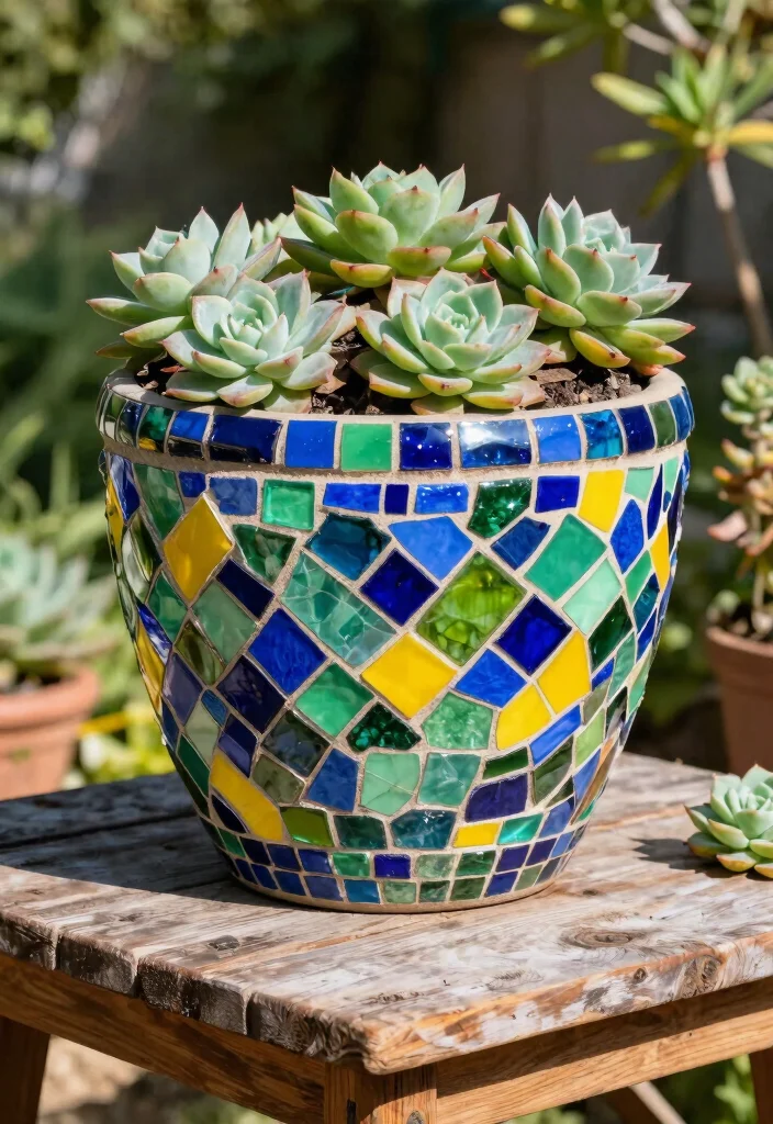 14 Planter Painting Ideas That Cover Up Old Concrete and Terra Cotta - 4. Mosaic Tile Planters 1