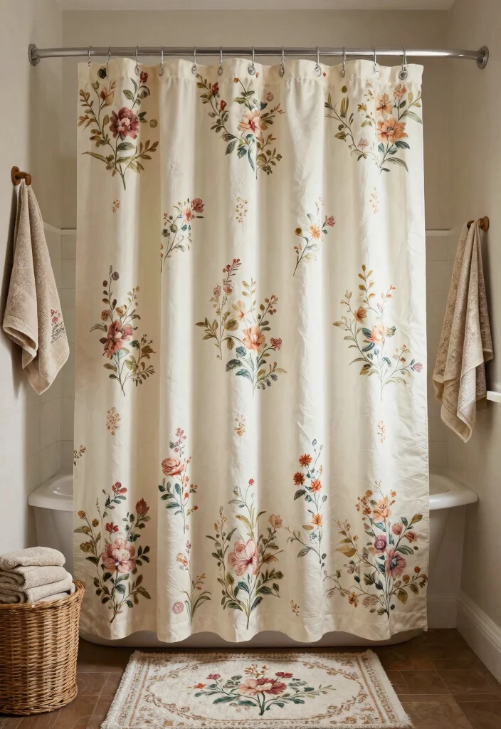 14 Vintage Farmhouse Bathroom Ideas That Work in Small Spaces - 13. Charming Shower Curtains 1