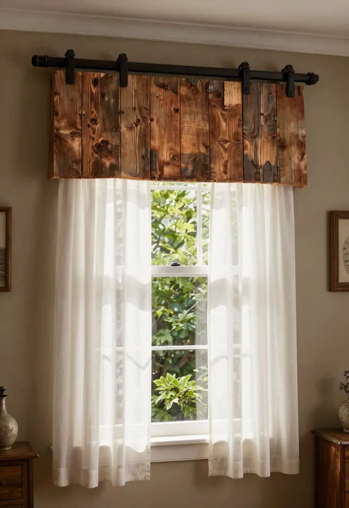 15 Farmhouse Valance Ideas That Hide Ugly Window Frames - 1. Rustic Barnwood Valance 1