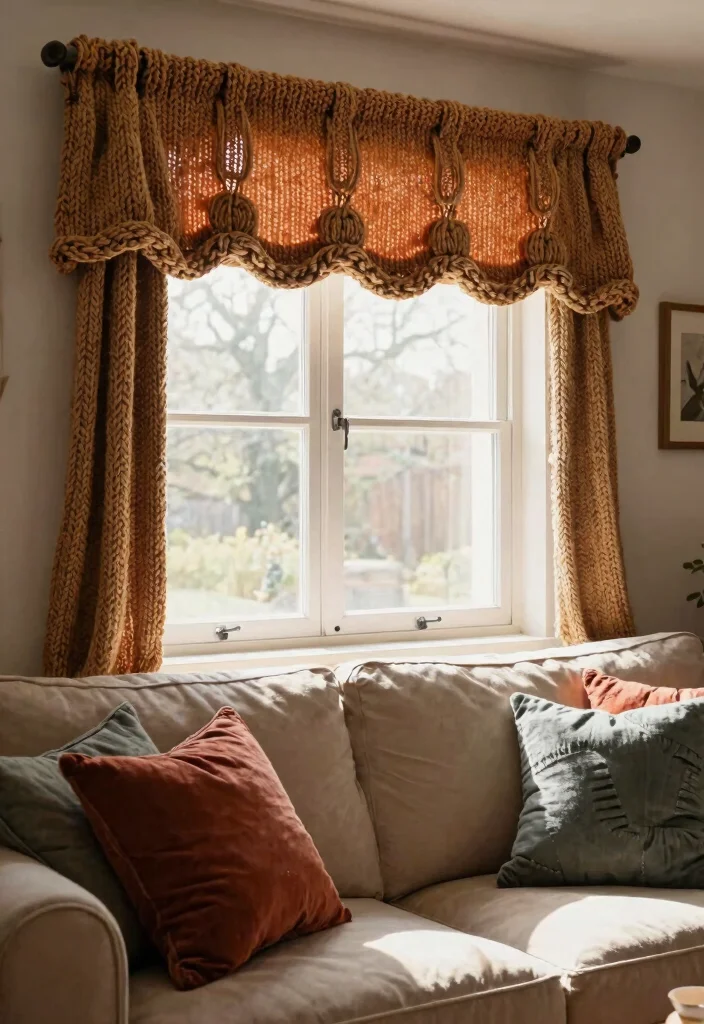 15 Farmhouse Valance Ideas That Hide Ugly Window Frames - 10. Knitted Valance 1