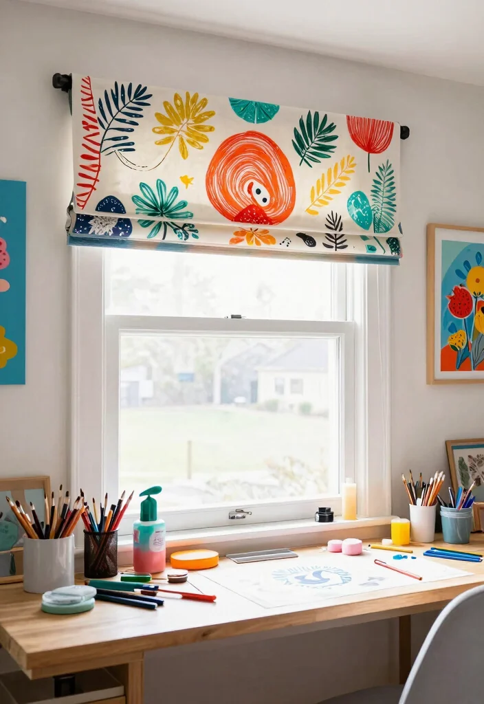 15 Farmhouse Valance Ideas That Hide Ugly Window Frames - 11. Stenciled Canvas Valance 1