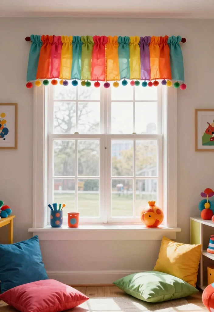 15 Farmhouse Valance Ideas That Hide Ugly Window Frames - 12. Colorful Pom-Pom Valance 1