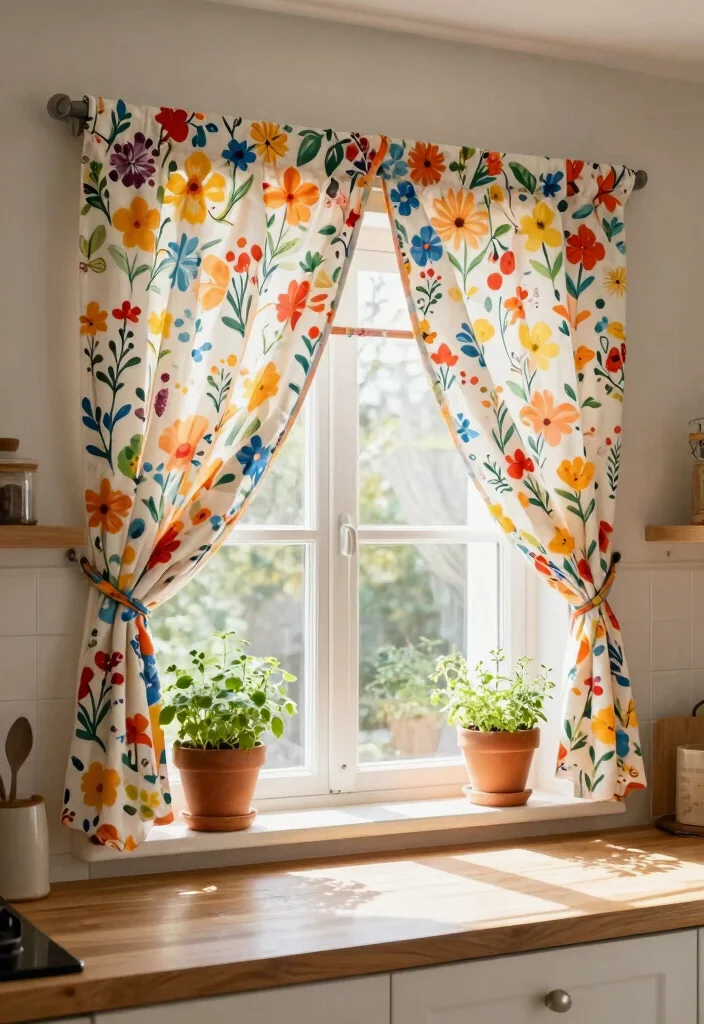 15 Farmhouse Valance Ideas That Hide Ugly Window Frames - 2. Floral Fabric Valance 1