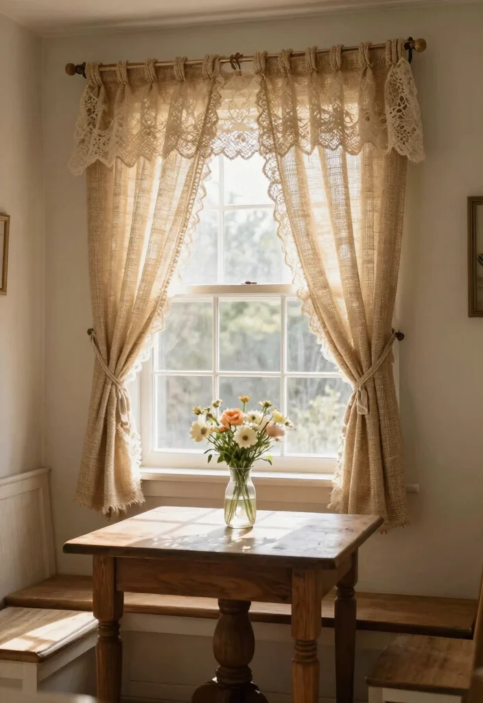 15 Farmhouse Valance Ideas That Hide Ugly Window Frames - 3. Lace and Burlap Combo 1