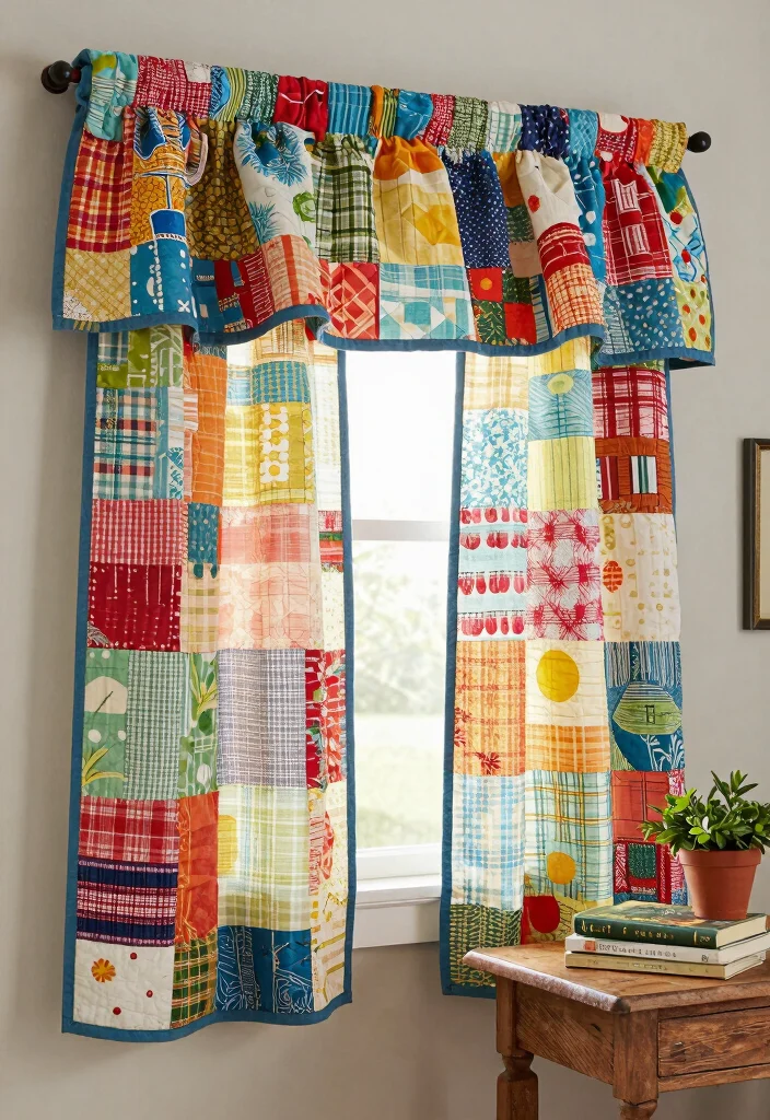 15 Farmhouse Valance Ideas That Hide Ugly Window Frames - 5. Patchwork Quilt Valance 1
