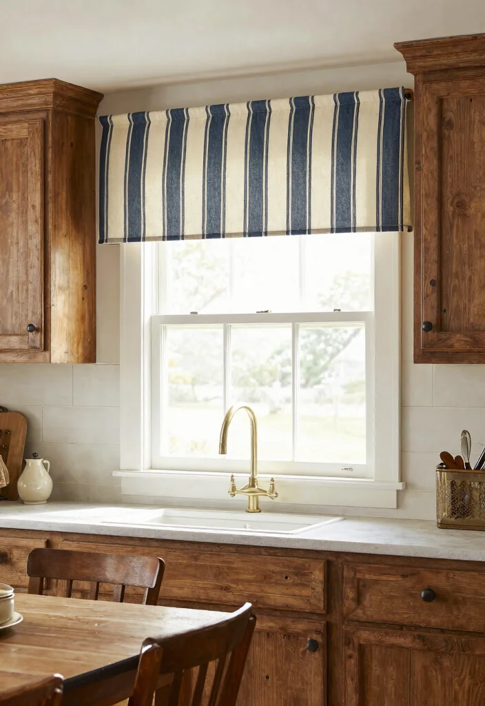 15 Farmhouse Valance Ideas That Hide Ugly Window Frames - 6. Vintage Ticking Stripe Valance 1