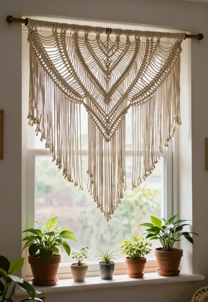 15 Farmhouse Valance Ideas That Hide Ugly Window Frames - 8. Macrame Valance 1
