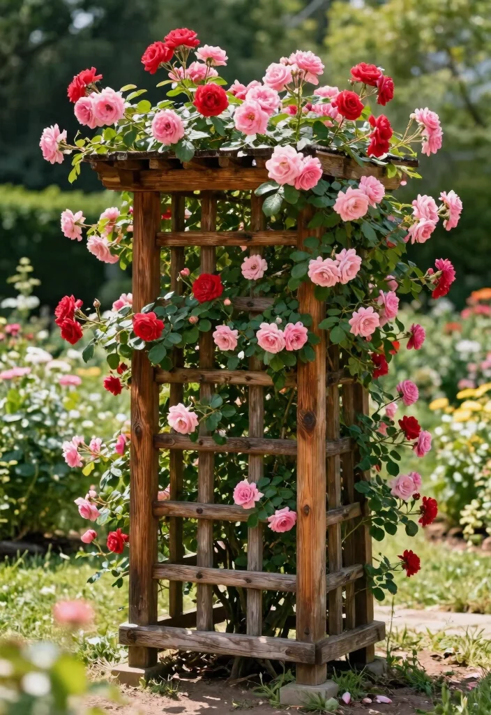 15 Galeras para Patio Que Soportan Plantas Pesadas Sin Caerse - 1. Rustic Wooden Trellis for Climbing Roses 1