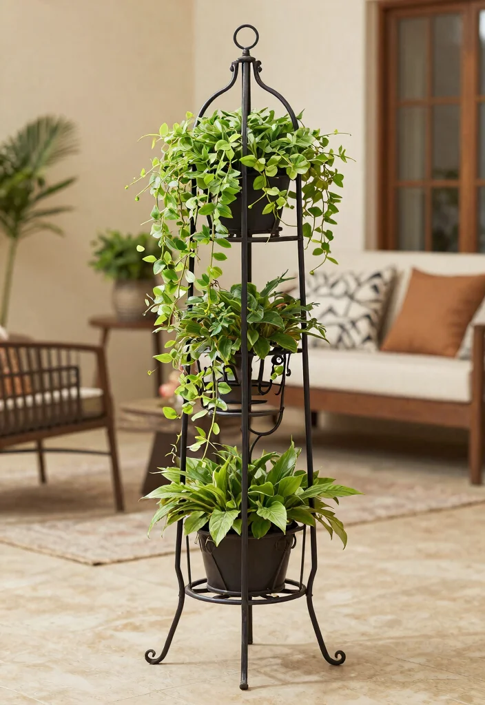 15 Galeras para Patio Que Soportan Plantas Pesadas Sin Caerse - 11. Elegant Iron Plant Stand with Trellis 1