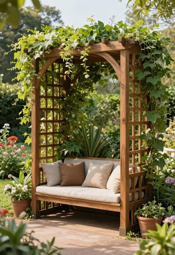 15 Galeras para Patio Que Soportan Plantas Pesadas Sin Caerse - 15. Trellis with Built-in Seating 1