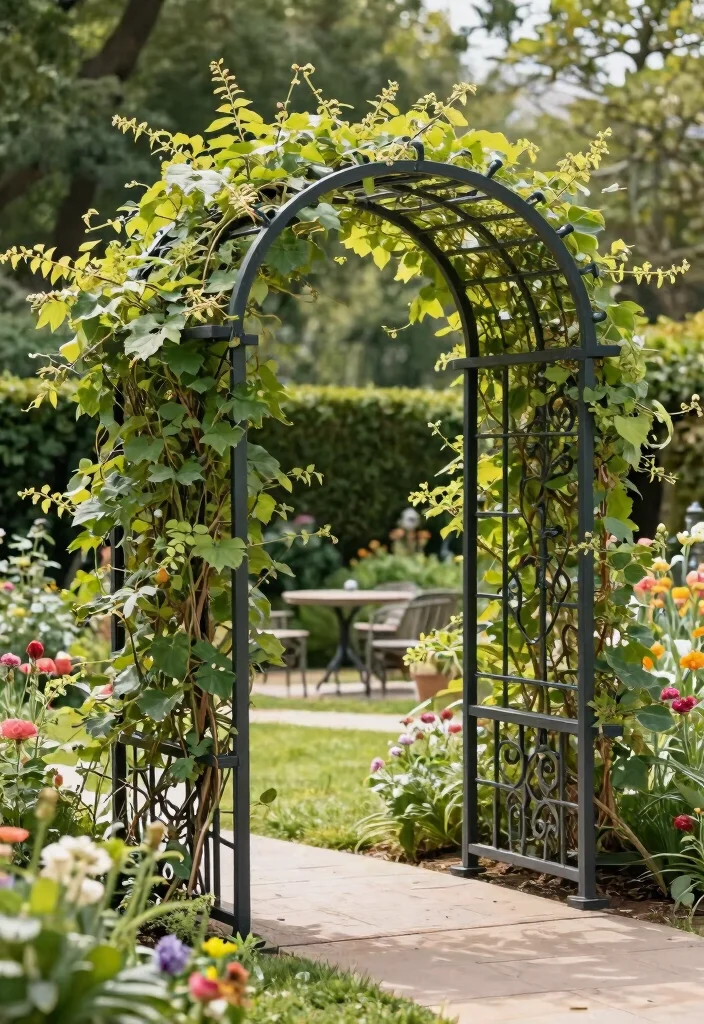 15 Galeras para Patio Que Soportan Plantas Pesadas Sin Caerse - 2. Elegant Metal Arbor for Vines 1