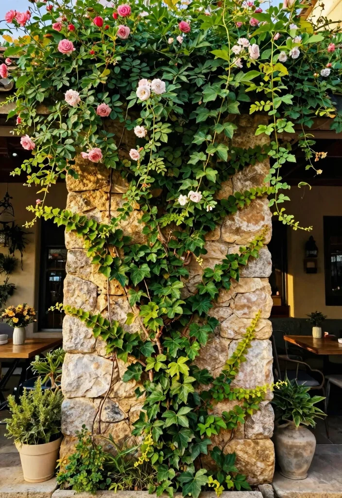 15 Galeras para Patio Que Soportan Plantas Pesadas Sin Caerse - 8. Classic Stone Wall with Climbing Plants 1