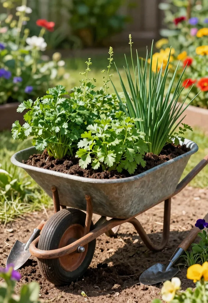 15 Herb Garden Outdoor Ideas That Survive Full Sun - 9. Herb Garden in a Wheelbarrow 1