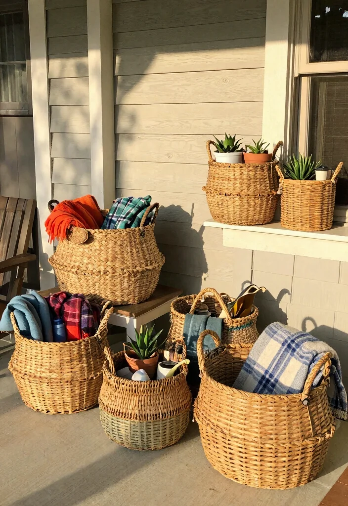 15 Porch Storage Ideas That Hide Clutter and Look Intentional 14 15 Porch Storage Ideas That Hide Clutter and Look Intentional - 14. Stylish Baskets for Easy Access 1
