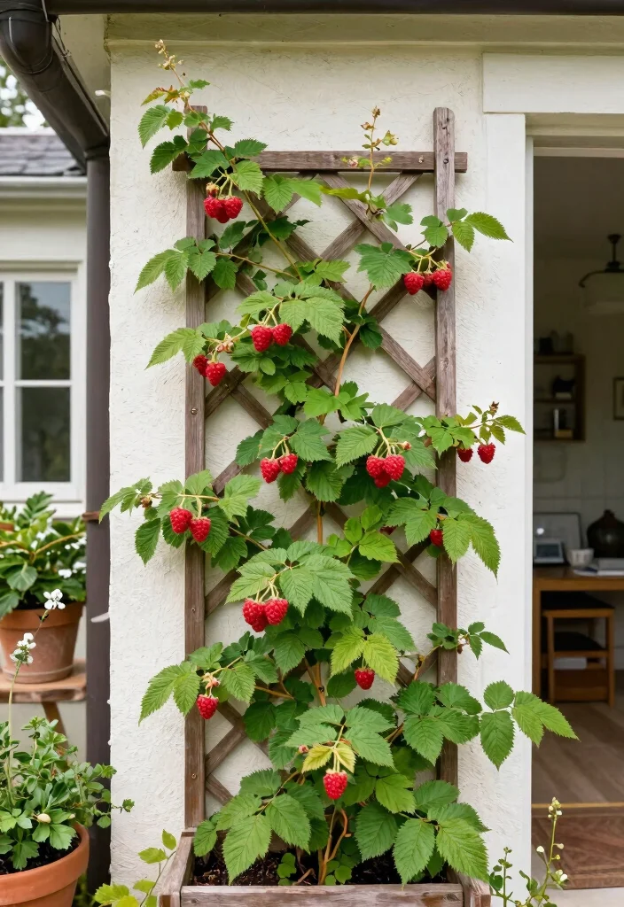 15 Raspberry Trellis Ideas That Keep Berries Off the Ground and Easy to Pick - 12. Trellis Wall with Climbing Canes 1