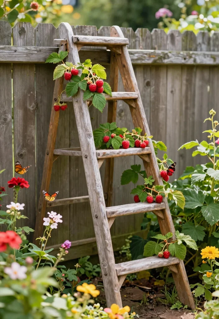 15 Raspberry Trellis Ideas That Keep Berries Off the Ground and Easy to Pick - 2. Repurposed Ladder Trellis 1