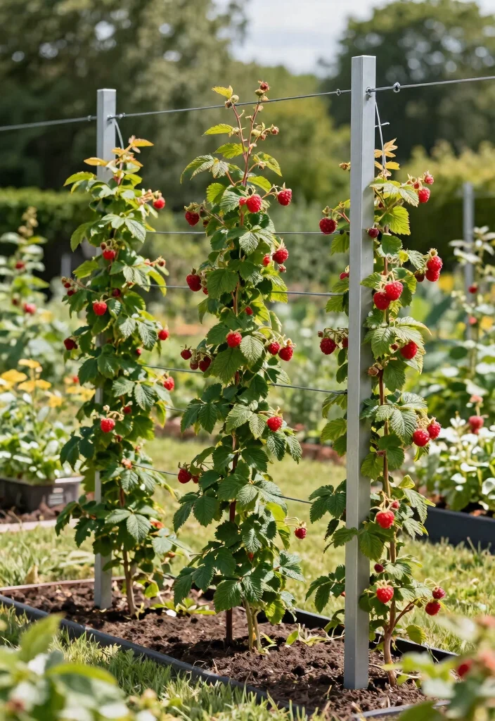 15 Raspberry Trellis Ideas That Keep Berries Off the Ground and Easy to Pick - 3. Vertical Wire Trellis System 1