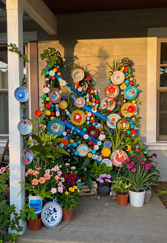 15 Spring Porch Decorating Ideas That Brighten Up Your Entryway - 12. Garden Art from Recycled Materials 1