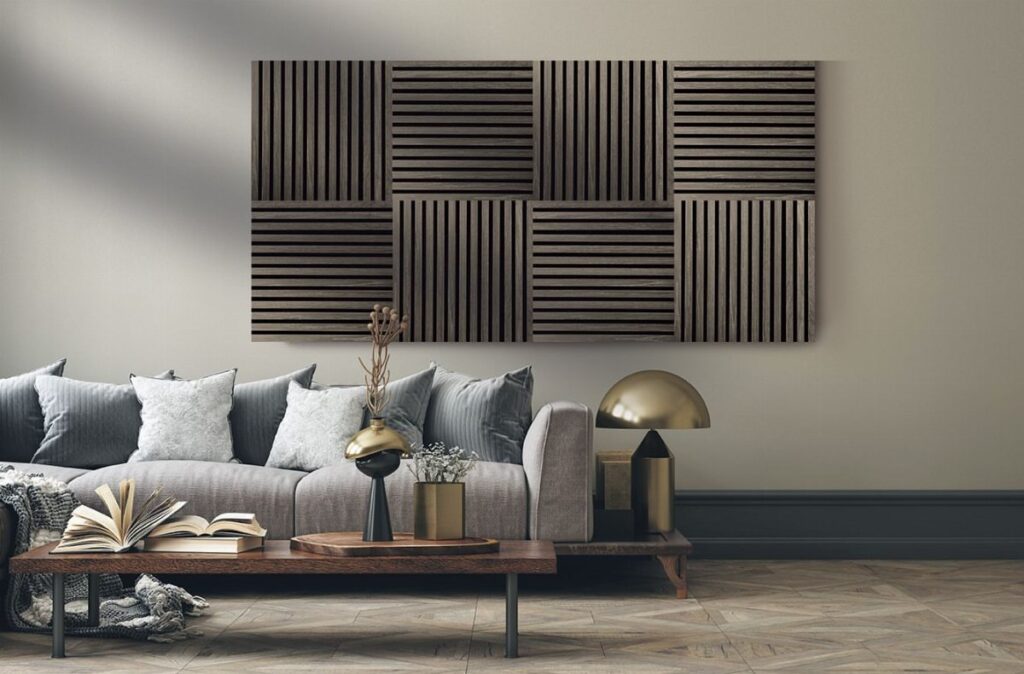 Dark wooden slat panels arranged in a rectangular grid on a neutral wall above a sofa.