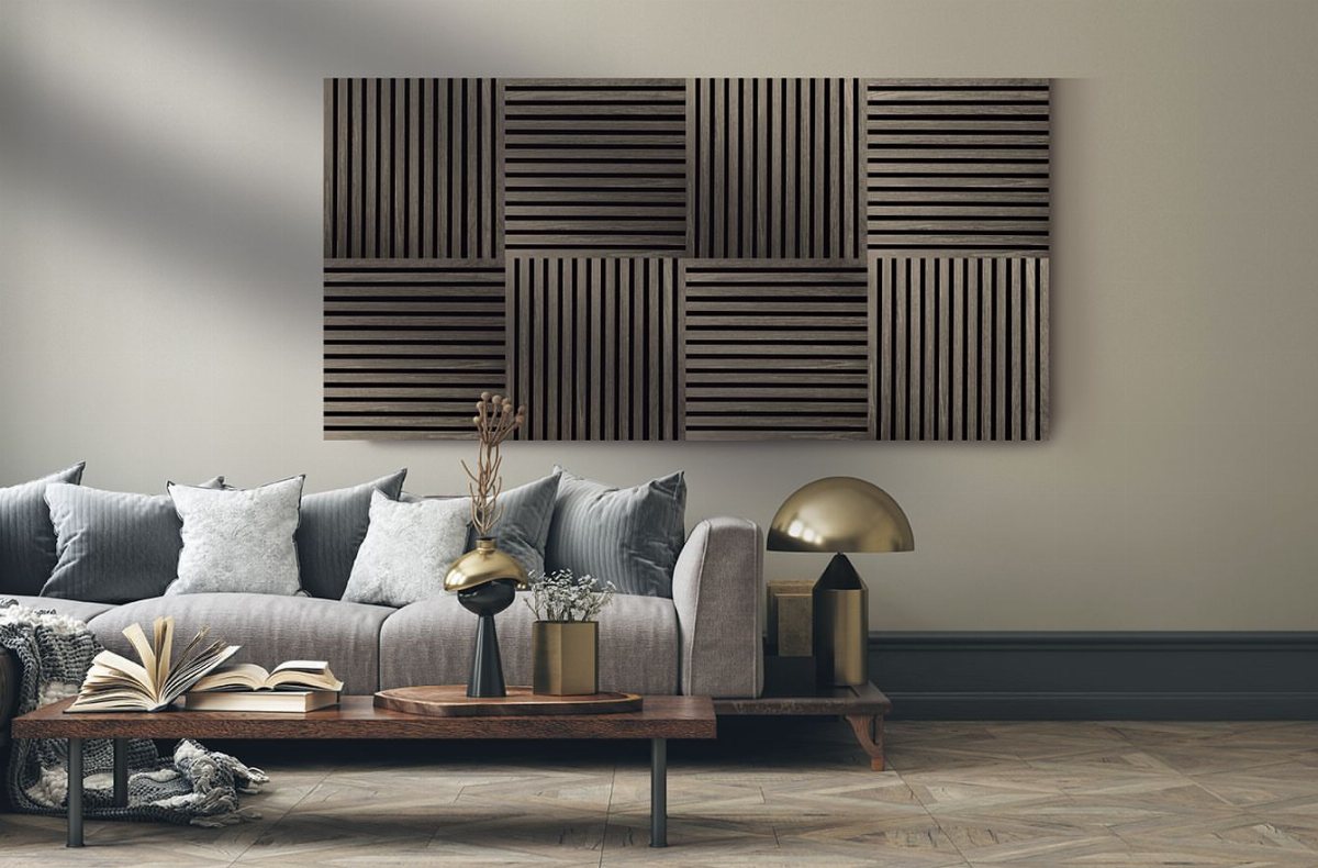 Dark wooden slat panels arranged in a rectangular grid on a neutral wall above a sofa.