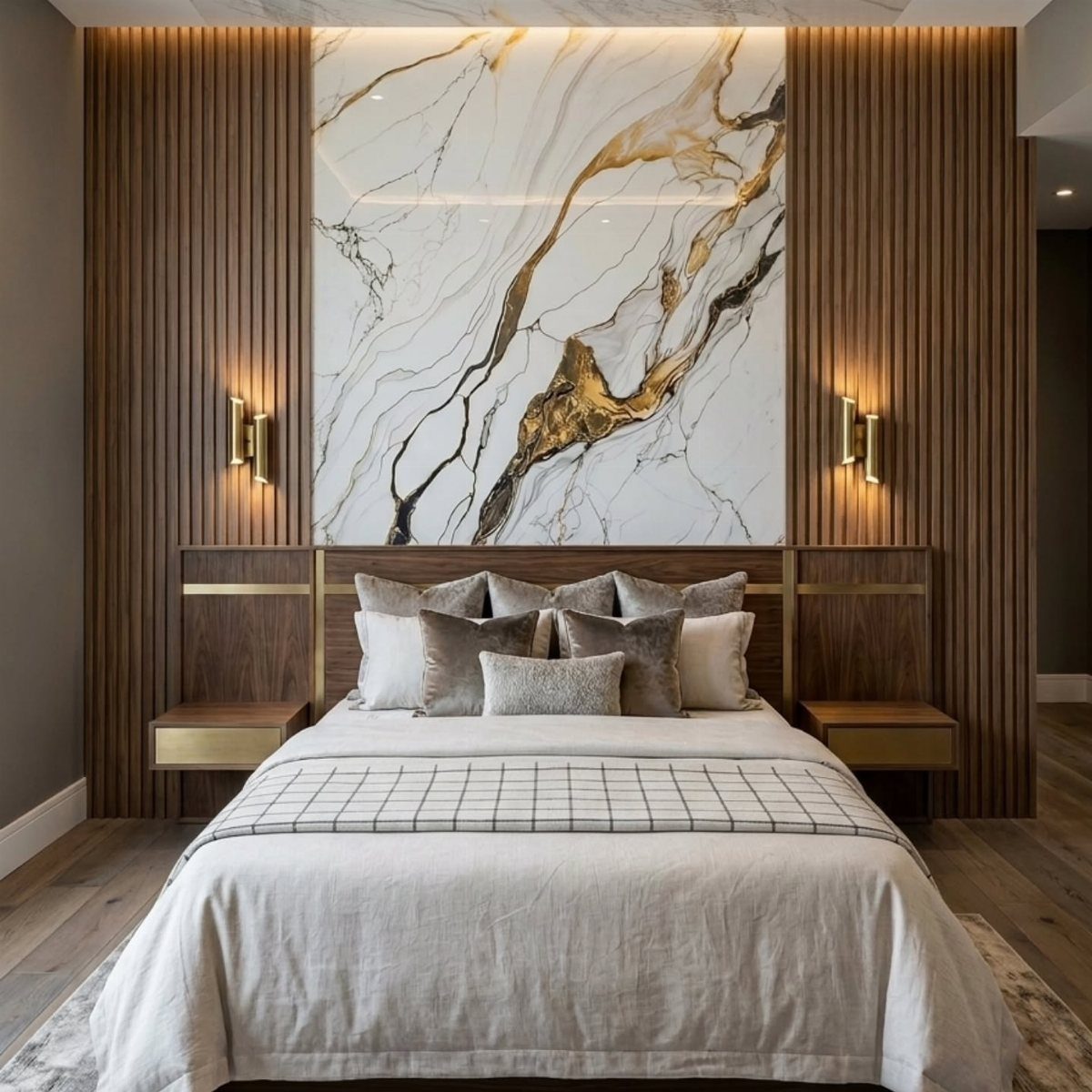 Vertical wooden slat wall panels flanking a large marble-patterned headboard in a modern bedroom.