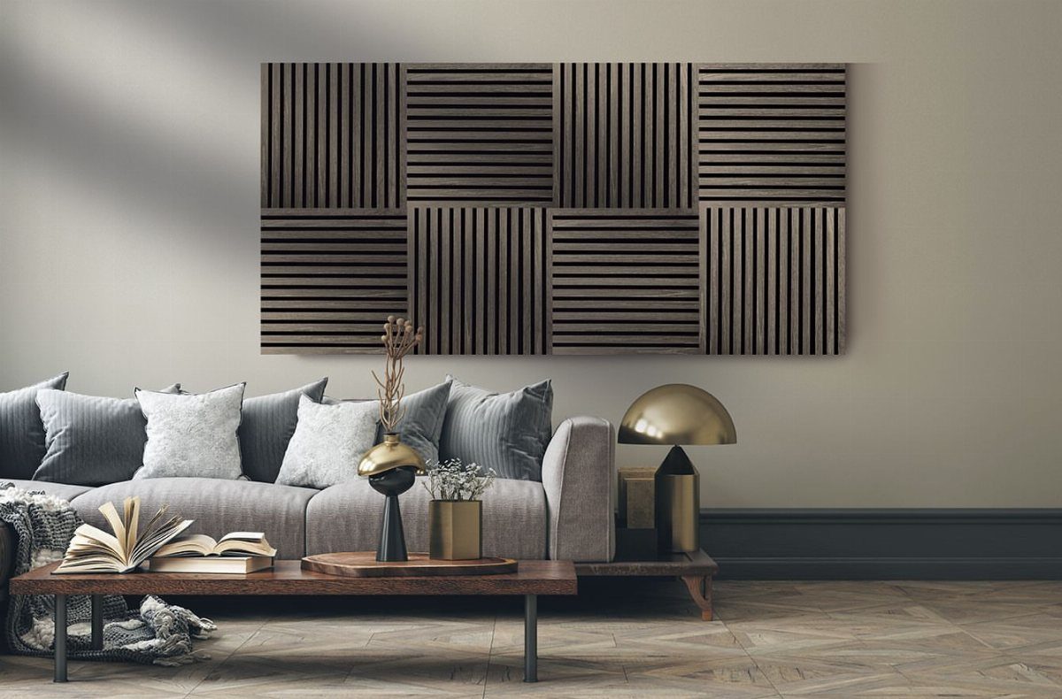 Dark wooden slat panels arranged in a rectangular grid on a neutral wall above a sofa.