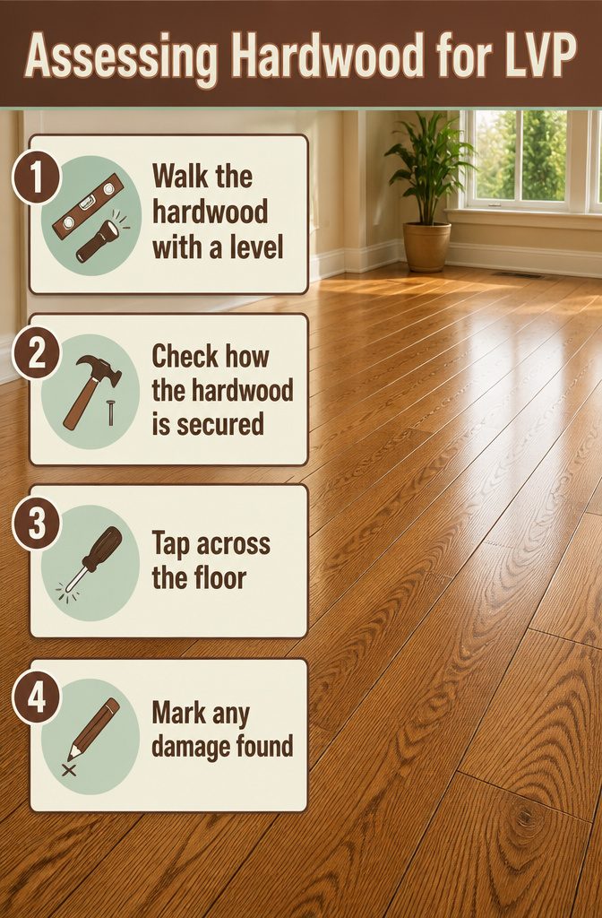 Information graphic on assessing hardwood for luxury vinyl plank.