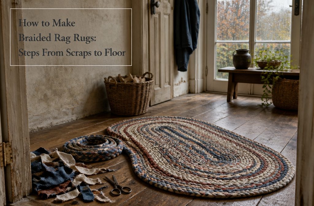 Braided rag rug made from fabric scraps with a flat spiral center