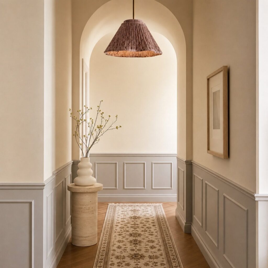 A hallway with grey wainscoting, a patterned rug, and an arched doorway in the background.