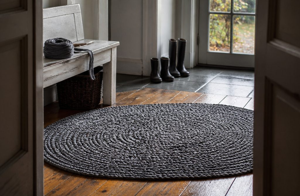 Oval rag rug beside fabric strips and a crochet hook on a worktable