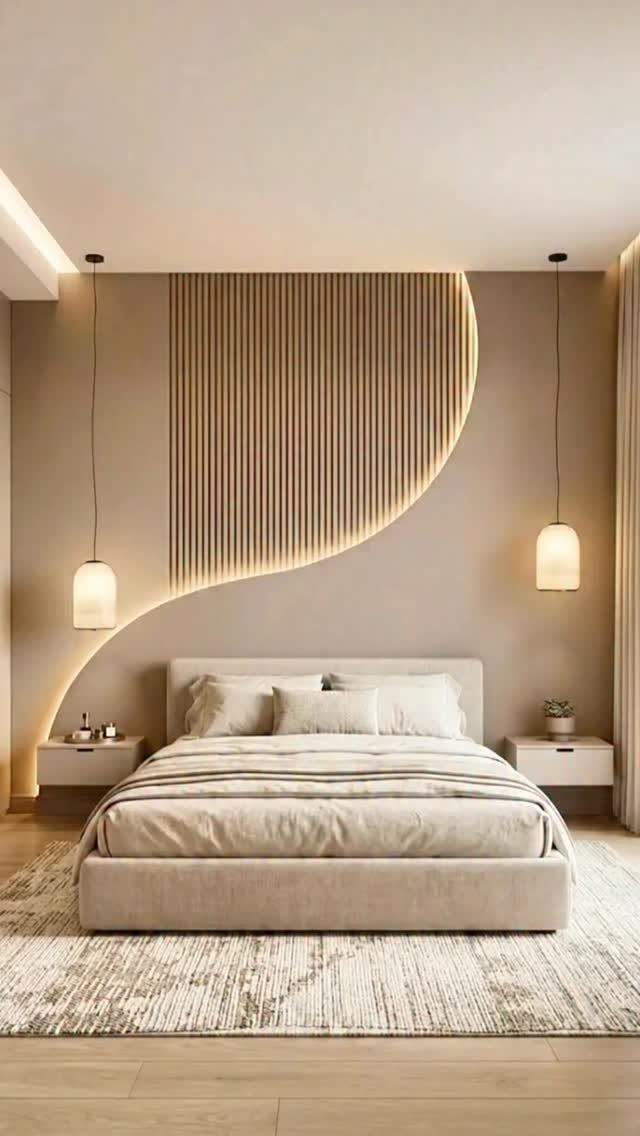 A modern bedroom with a curved, backlit wooden slat wall board design behind the bed.