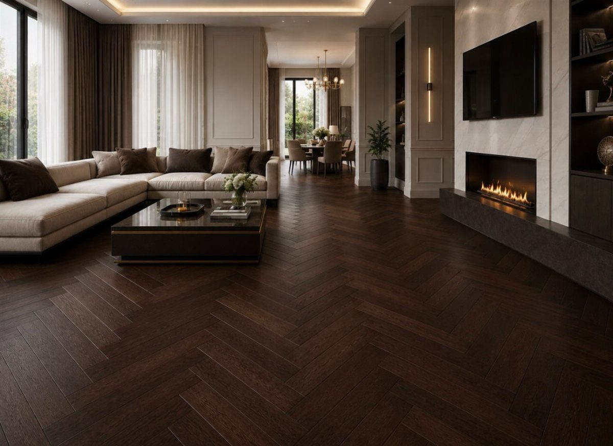 Dark Brown Wood Colors: 13 Ideas for Your Home 6 Dark brown wood flooring in a herringbone pattern within a modern, luxury living room setting.