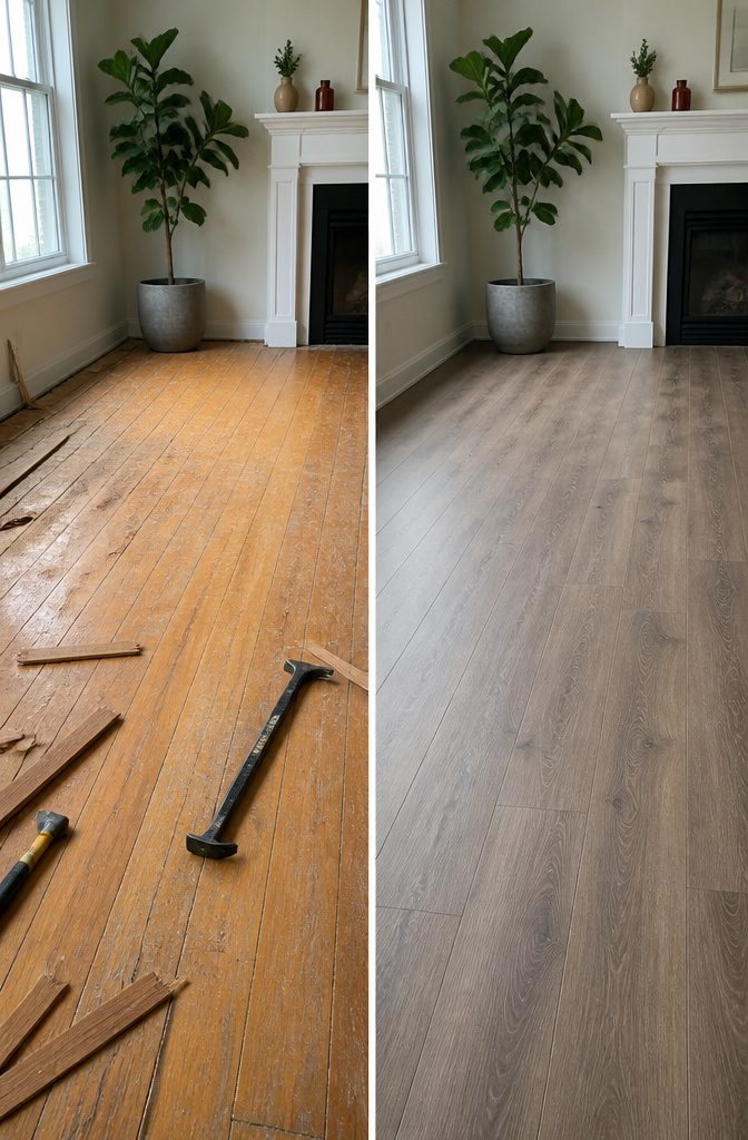 Photograph illustrating LVP installation next to hardwood flooring.
