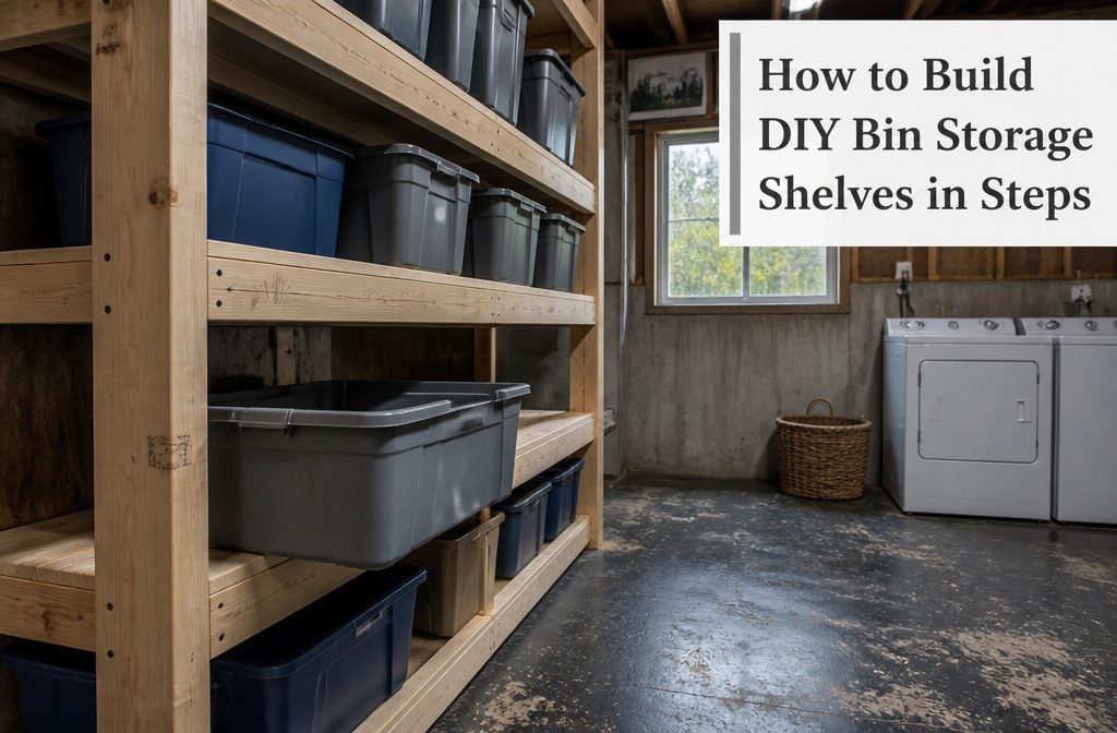 Wooden garage storage rack filled with labeled plastic bins