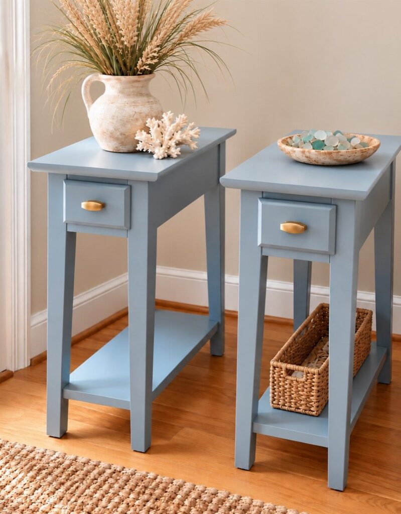 Two narrow light blue end tables with drawers and lower shelves on wooden flooring.