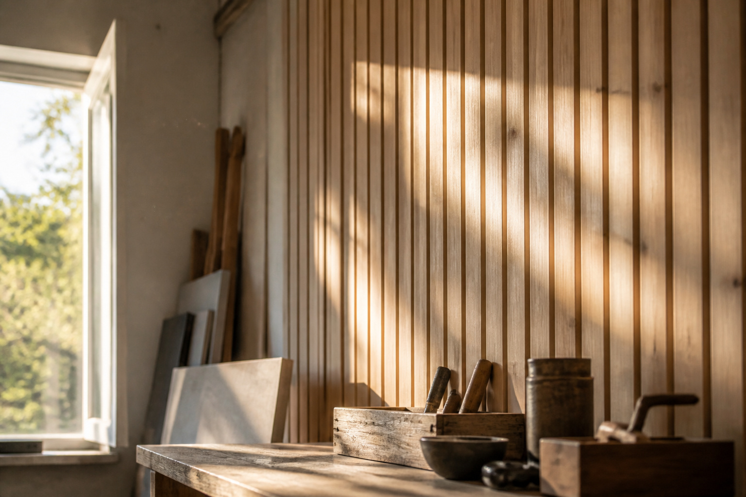 A stylish slat wall installed in a well-lit room.