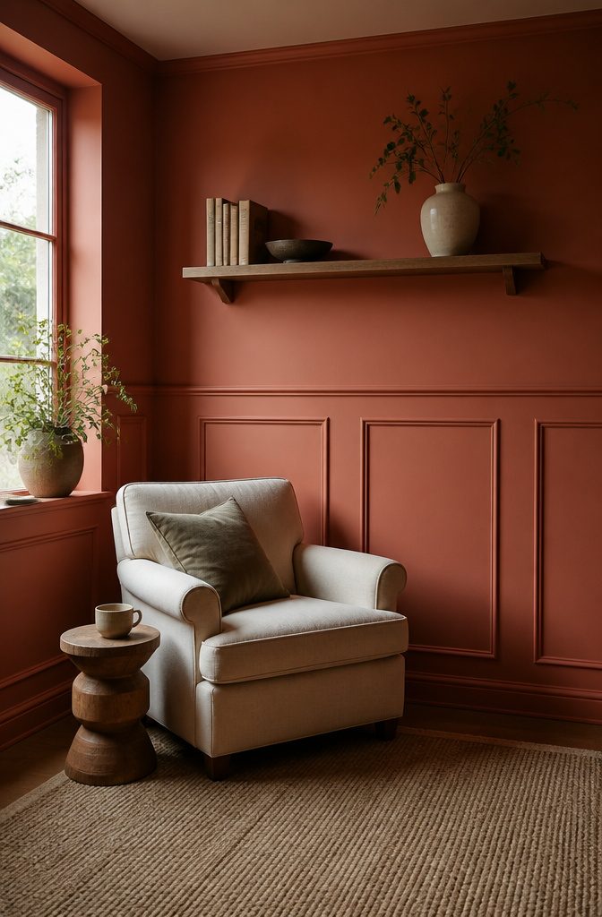 Reading nook with terracotta wainscoting and a wooden shelf.
