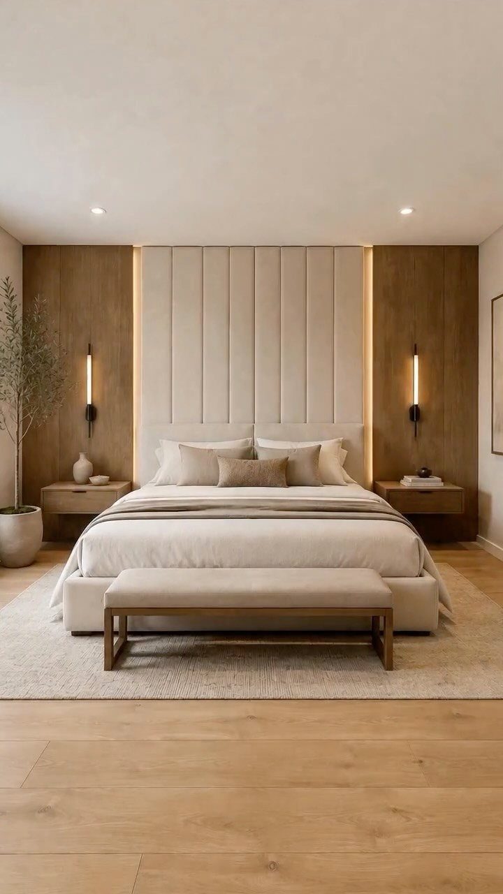 A large vertical channel tufted upholstered headboard centered behind a bed in a modern bedroom.