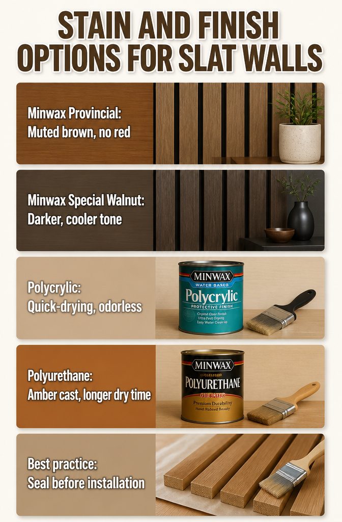 Samples of Minwax stains displayed for slat wall finishing options.
