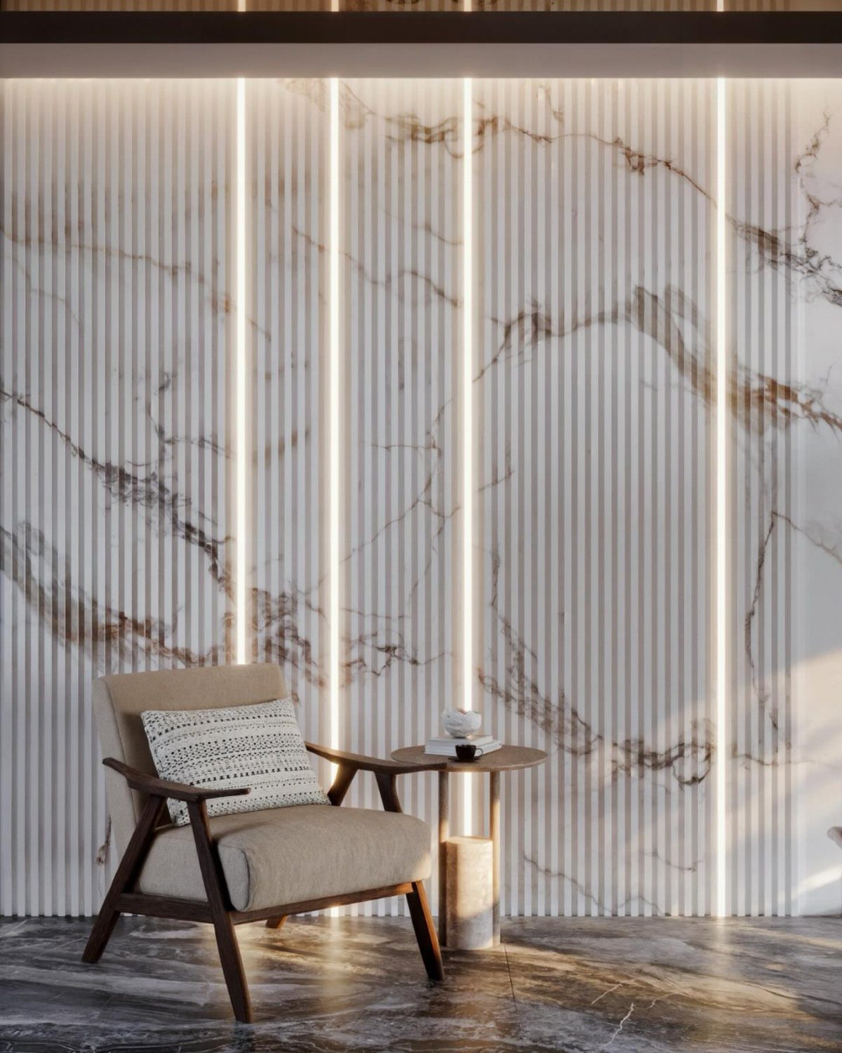 5 Wall Panelling for Living Room Ideas That Add Real Texture 1 Fluted marble-patterned wall panels with vertical light strips and a modern armchair in a room.